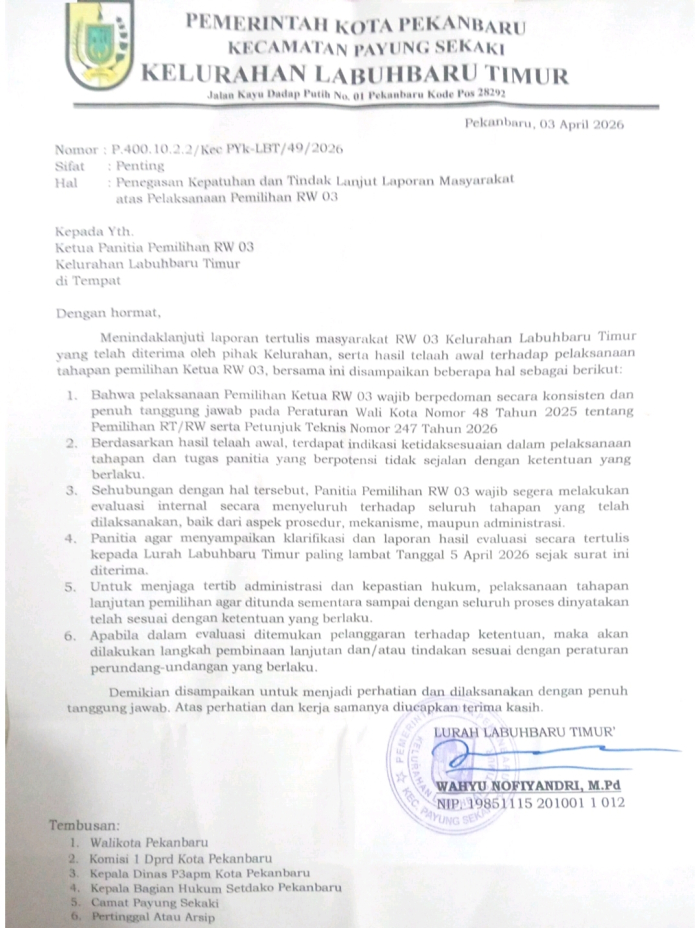 Pemilihan Ketua RW 03 Labuh Baru Timur Ditunda, Kelurahan Evaluasi Aturan Panitia