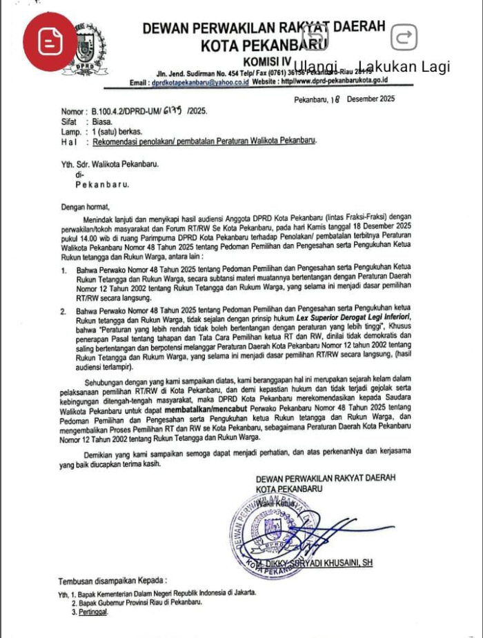DPRD Pekanbaru Nilai Perwako RT/RW Cacat Substansi dan Berpotensi Rusak Demokrasi